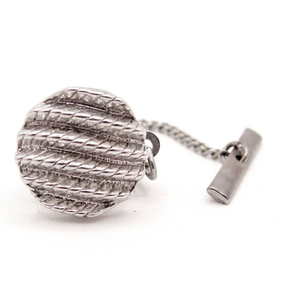 Vintage Silver Tone Round Textured Ribbed Cable Rope Dome Tie Tack Chain T-Bar